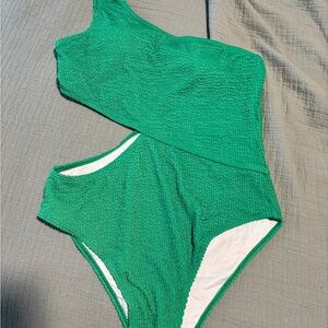 Green One Piece Asymmetrical Cutout Swimsuit